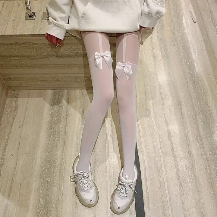 网红性感蝴蝶结过膝假高连裤拼接吊带黑色连裤丝袜女夏春秋季