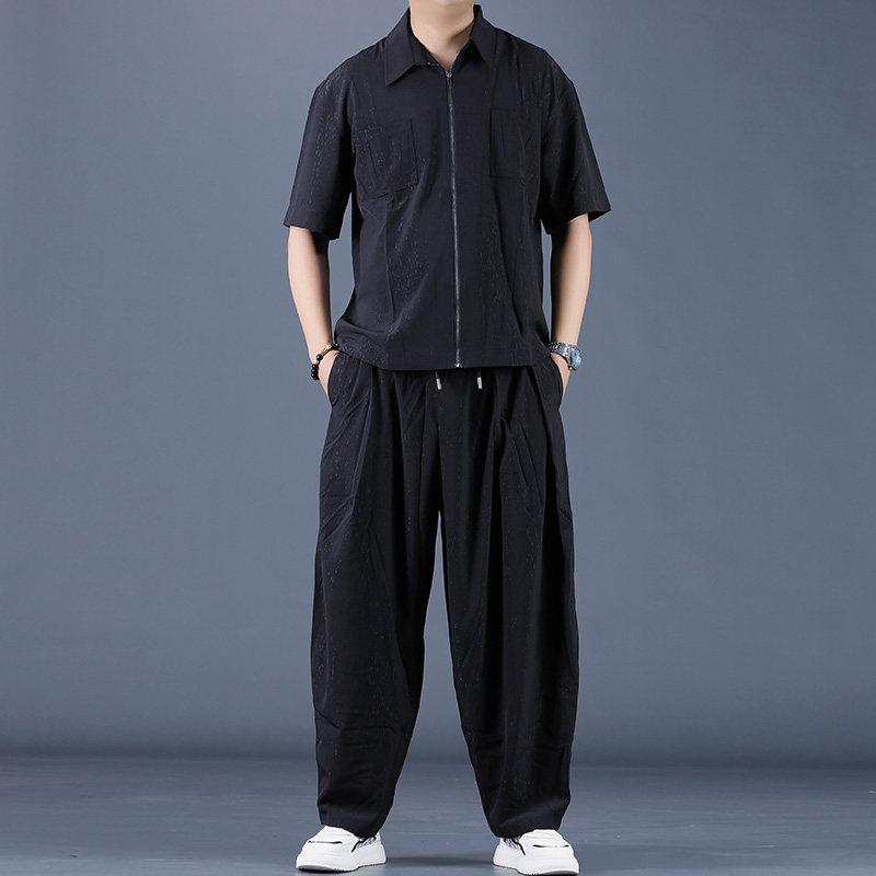 夏季暗黑系宽松格子五分袖衬衫裤子休闲套装男潮牌发型师两件套潮