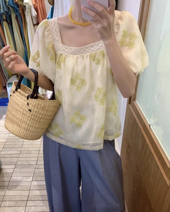 THIRTEEN 拾叁方领显瘦印花甜美泡泡袖气质蕾丝重工刺绣小衫08207