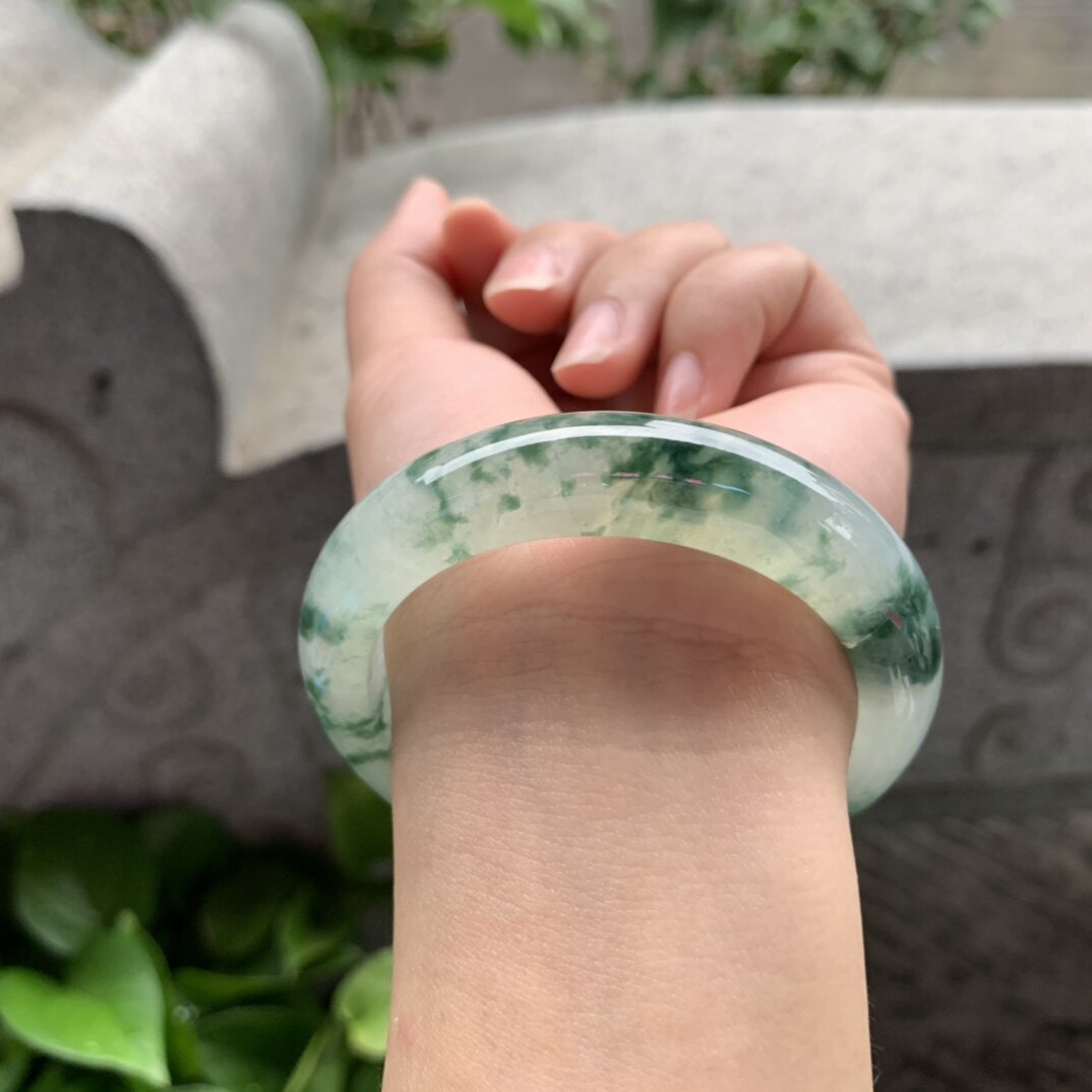 圈口52.2缅甸天然A货翡翠冰种飘花正圈手镯高贵透明复检一物一证