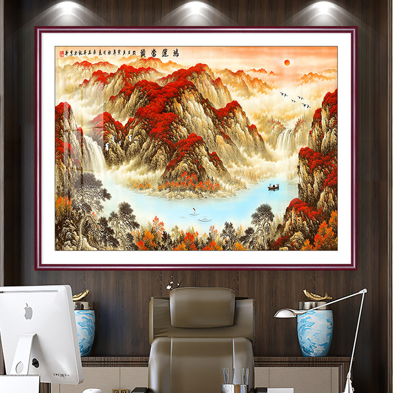 鸿运当头办公室山水画客厅挂画靠山字画国画老板背景墙装饰画壁画_虎窝淘