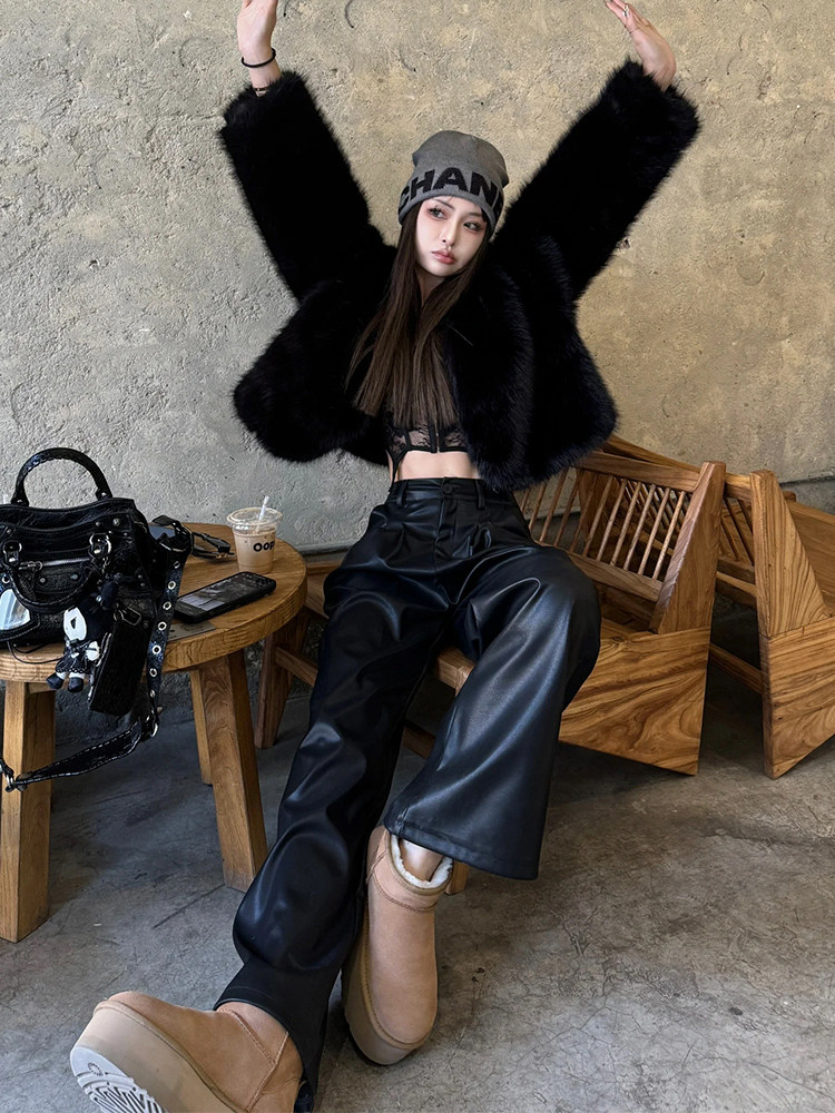 加绒黑色pu皮裤女士秋冬款2025新款哑光高级感高腰直筒窄版阔腿裤