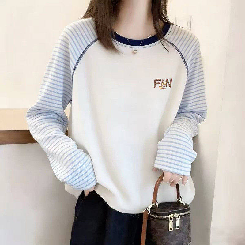 设计感小众拼色条纹长袖t恤女时尚百搭撞色圆领上衣打底衫秋冬季