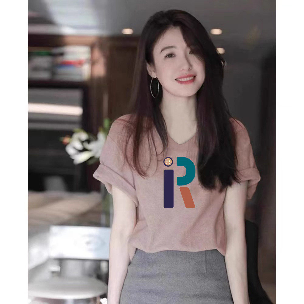 夏季法式粉色别致V领短袖t恤女设计感小众纯棉显瘦体恤休闲上衣潮