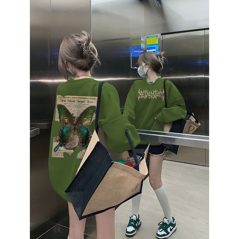 牛油果绿色高级感超好看卫衣女2025新款爆款秋冬美式复古宽松上衣