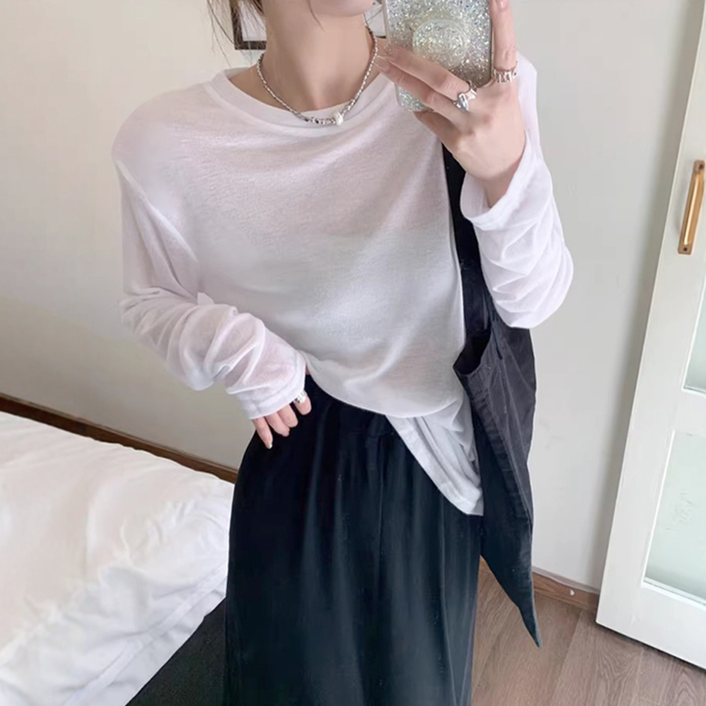 高级感白色薄款防晒长袖t恤女2025夏季新款宽松慵懒风罩衫上衣潮