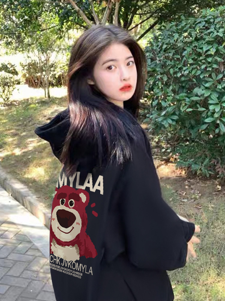 草莓熊卫衣女外套加绒2025新款春秋冬慵懒风连帽拉炼开衫加厚上衣