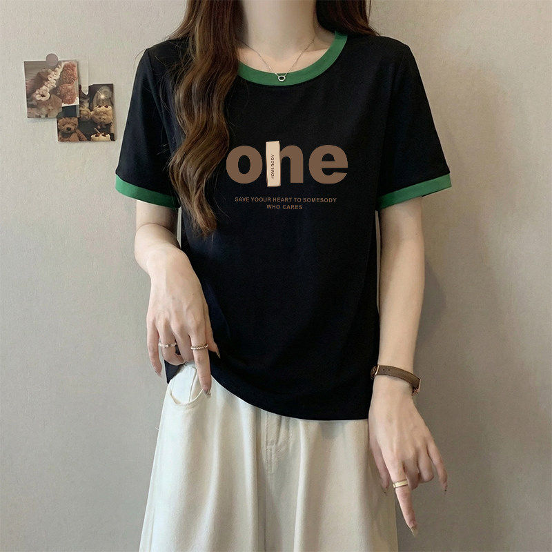 2026年夏季新款撞色拼接短袖t恤女时尚爆款显瘦圆领印花纯棉上衣