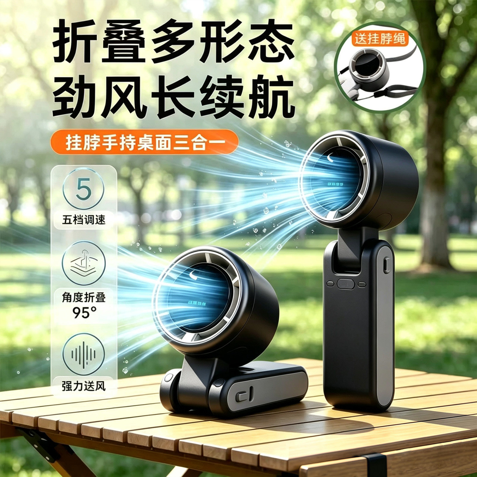 高速涡轮增压手持小风扇手持便携式折叠可挂脖办公室桌面风扇宿舍静音超长续航户外强力迷你夏天降温神器黑色
