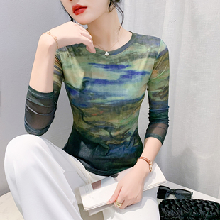 t恤显瘦小衫 印花扎染网纱上衣洋气百搭长袖 女秋冬时尚 欧货打底衫