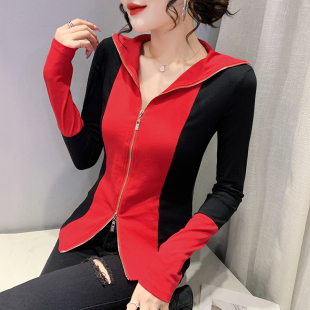 小衫 时尚 欧货设计感撞色上衣洋气修身 2026秋冬新款 拉链T恤女长袖