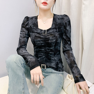 欧货印花网纱上衣气质显瘦打底衫 新款 t恤女2025春季 性感方领长袖
