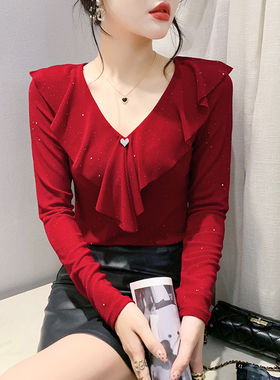 网纱打底衫女秋冬欧货性感V领T恤长袖设计感荷叶边上衣洋气小衫潮