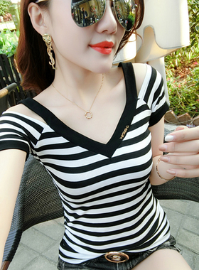 2026夏装新款性感V领条纹T恤女短袖修身半袖体恤丅恤小衫露肩上衣