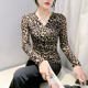女士秋冬欧货时尚 豹纹网纱上衣修身 显瘦长袖 性感V领打底衫 t恤小衫