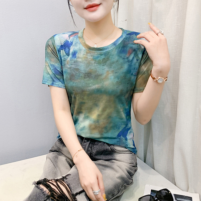 欧货扎染印花短袖弹力网纱上衣女