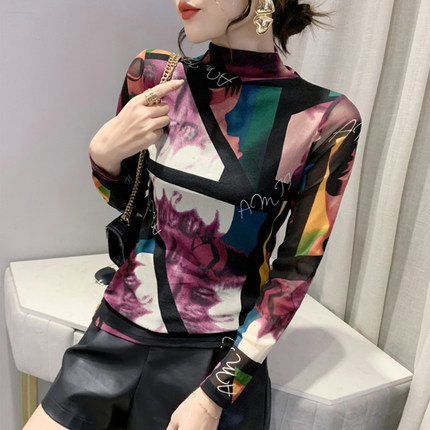 半高领加绒打底衫女秋冬2025新款印花网纱长袖T恤内搭洋气上衣潮