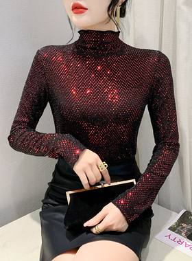 高领加绒打底衫女秋冬欧货重工亮片上衣紧身内搭长袖T恤洋气小衫