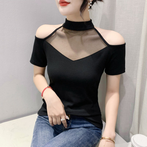 欧货网纱拼接短袖性感露肩上衣女