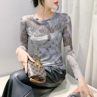 扎染网纱上衣洋气紧身内搭长袖 时尚 t恤 女2026秋冬新款 欧货打底衫