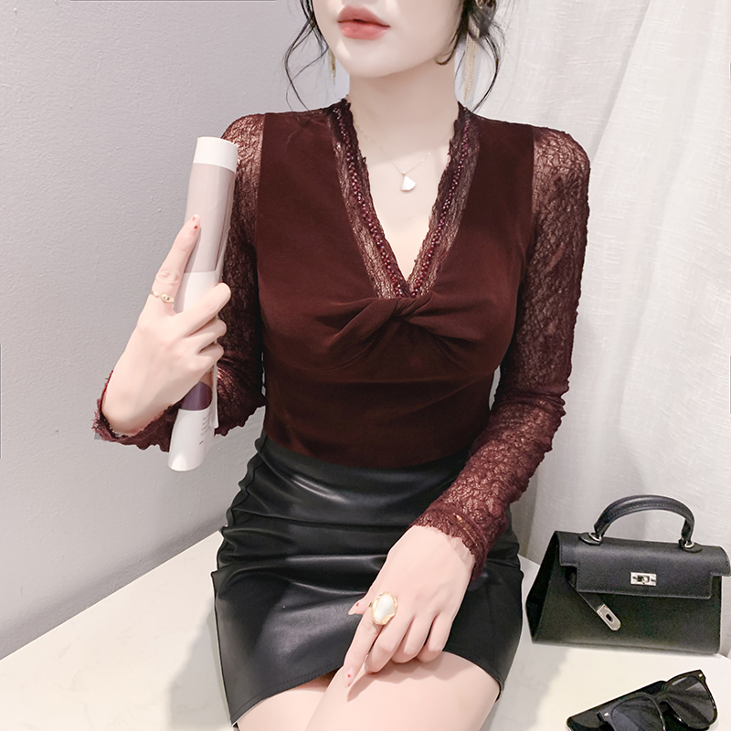 蕾丝拼接丝绒打底衫长袖内搭上衣