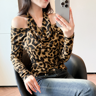 性感露肩豹纹T恤女长袖 女秋冬 欧货设计感挂脖上衣洋气百搭打底衫