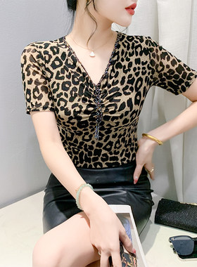 欧货时尚豹纹短袖性感网纱上衣女