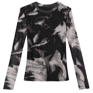 网纱加绒打底衫女2025秋冬新款个性印花长袖T恤内搭上衣洋气小衫