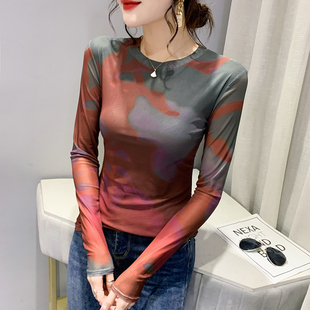 T恤内搭上衣洋气加绒小衫 扎染网纱打底衫 长袖 欧货时尚 女秋冬新款