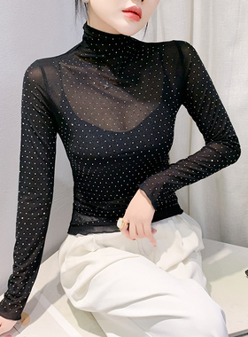 性感网纱烫钻长袖T恤女装欧货紧身内搭洋气上衣高领打底衫女秋冬