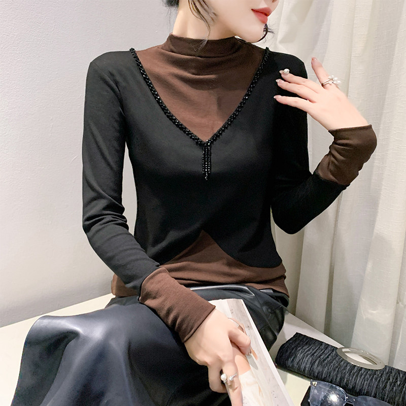 加厚磨毛打底衫女秋冬欧货时尚钉珠上衣半高领内搭长袖T恤小衫潮