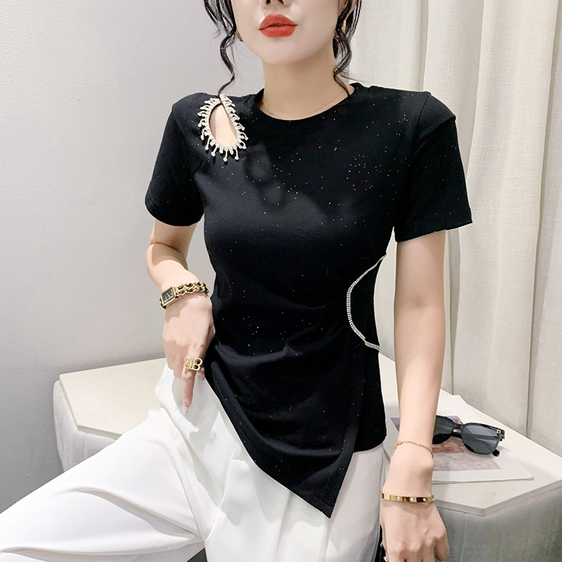 性感镂空烫钻短袖时尚不规则上衣