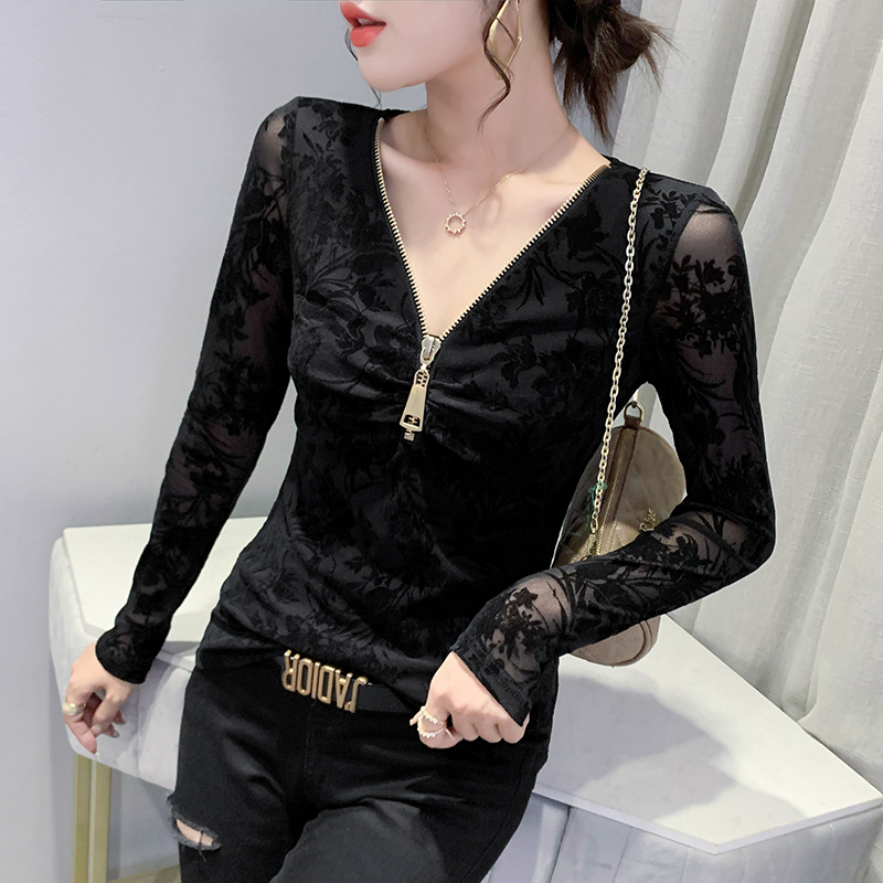 性感拉链V领网纱打底衫女长袖
