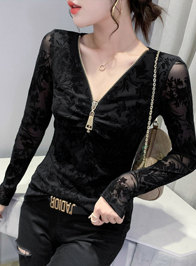 性感V领拉链T恤女长袖欧货印花网纱上衣洋气紧身内搭打底衫女秋冬