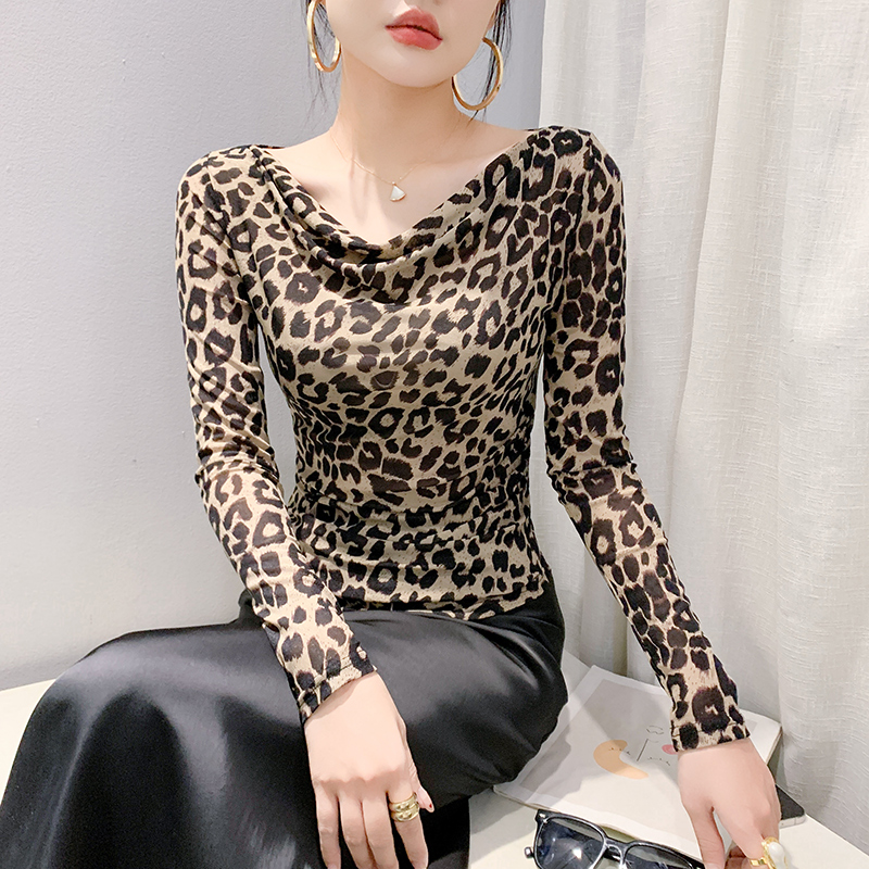 欧货时尚豹纹网纱打底衫洋气上衣