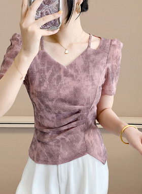 气质V领网纱T恤女短袖夏装设计感不规则上衣洋气百搭减龄显瘦小衫