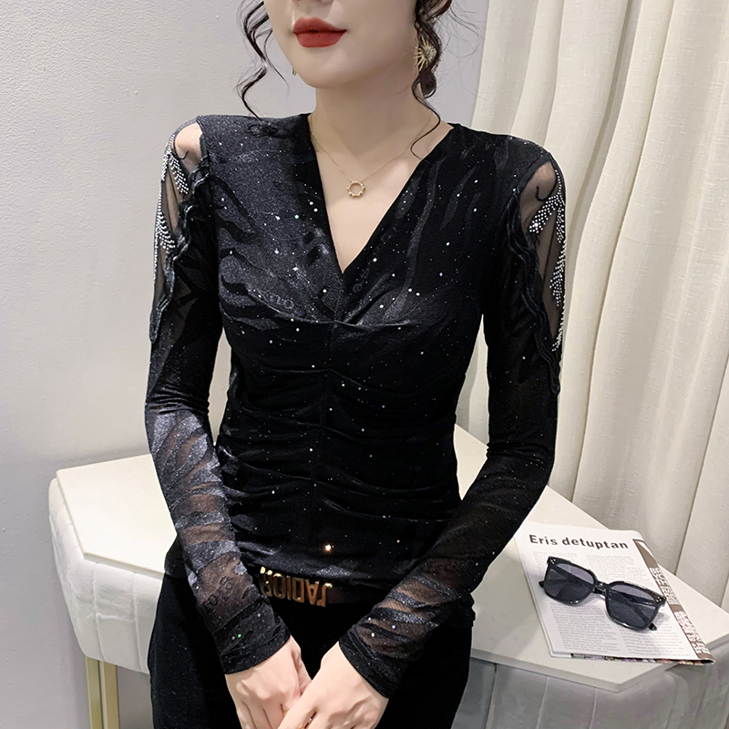 性感网纱打底衫长袖气质内搭上衣