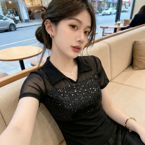 亮片网纱拼接POLO领显瘦T恤女