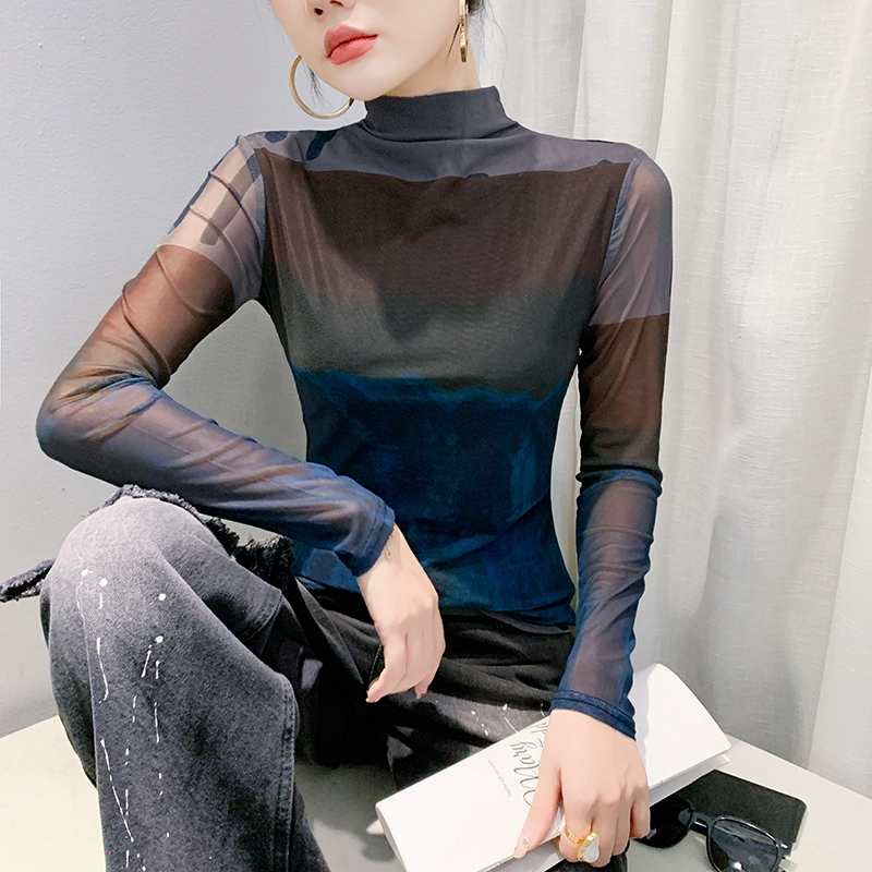 欧货扎染网纱打底衫长袖洋气上衣