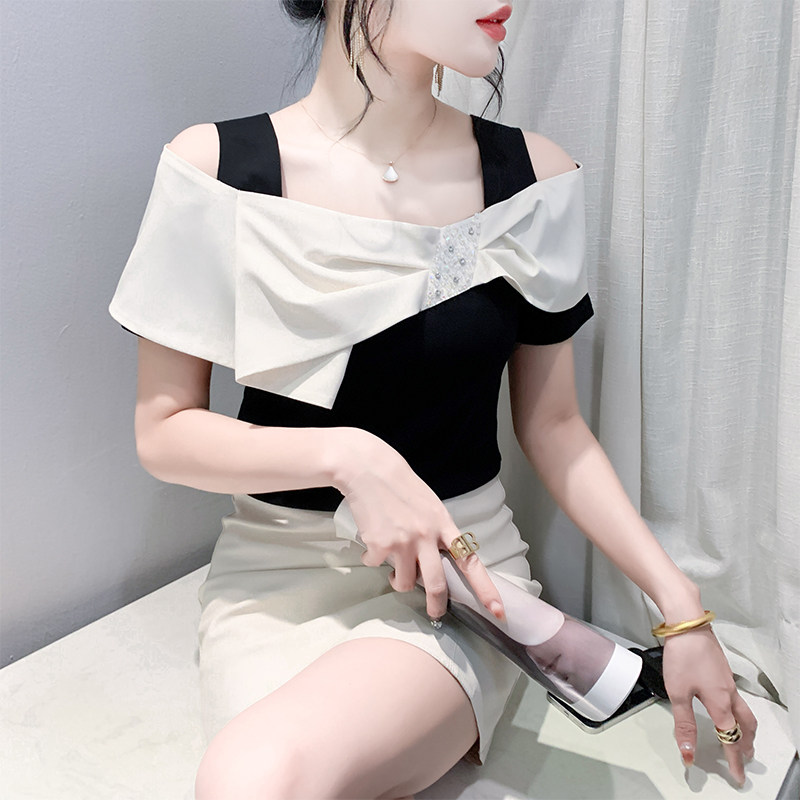 性感露肩短袖设计感蝴蝶结上衣女