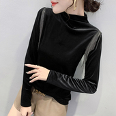 流苏黑色长袖 金丝绒打底衫 女秋冬欧货时尚 T恤半高领内搭洋气上衣
