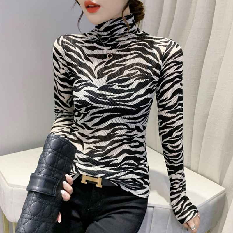高领打底衫女长袖时尚斑马纹上衣