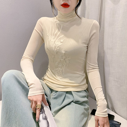 2025秋冬新款时尚刺绣网纱T恤女长袖高领打底衫紧身内搭洋气上衣
