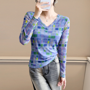 内搭洋气上衣 设计感网纱打底衫 2025秋冬新款 欧货气质V领T恤女长袖