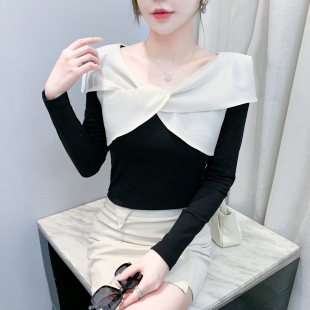 欧货气质V领T恤女长袖 女秋冬 高级设计感蝴蝶结上衣洋气百搭打底衫