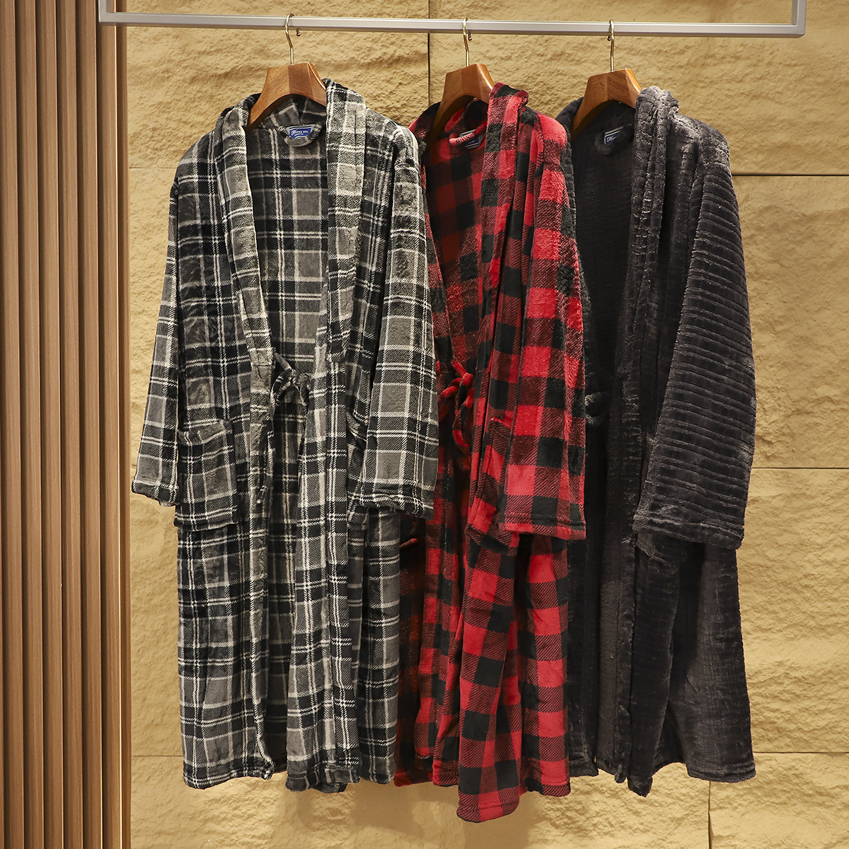 欧洲订单~男士中长款加绒加厚保暖双面格子法兰绒中长款睡袍浴袍