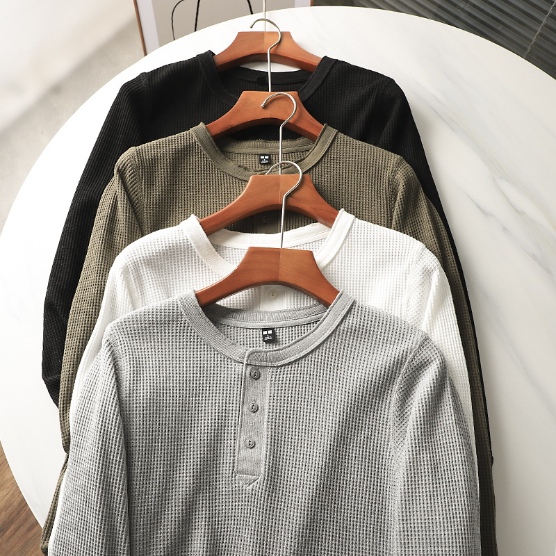 长袖日系男士华夫格亨利领T恤