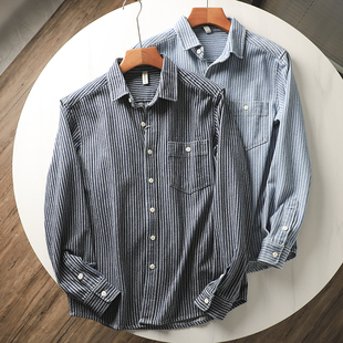 痞帅~日系复古文艺范~春季新款男士时尚潮流休闲翻领条纹长袖衬衫
