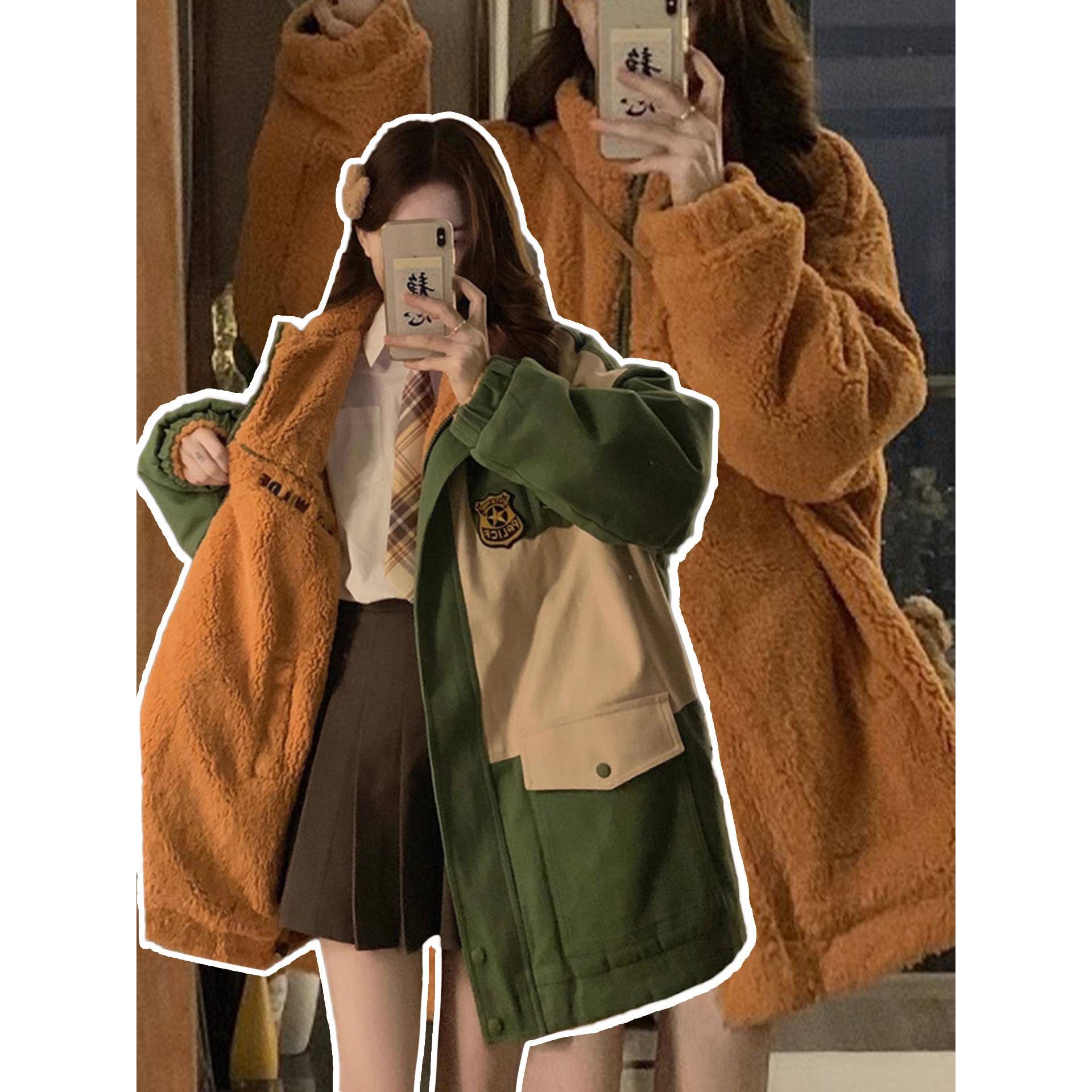 大码女装双面穿绿色派克服外套女冬季新款胖mm加厚保暖羊羔毛棉服