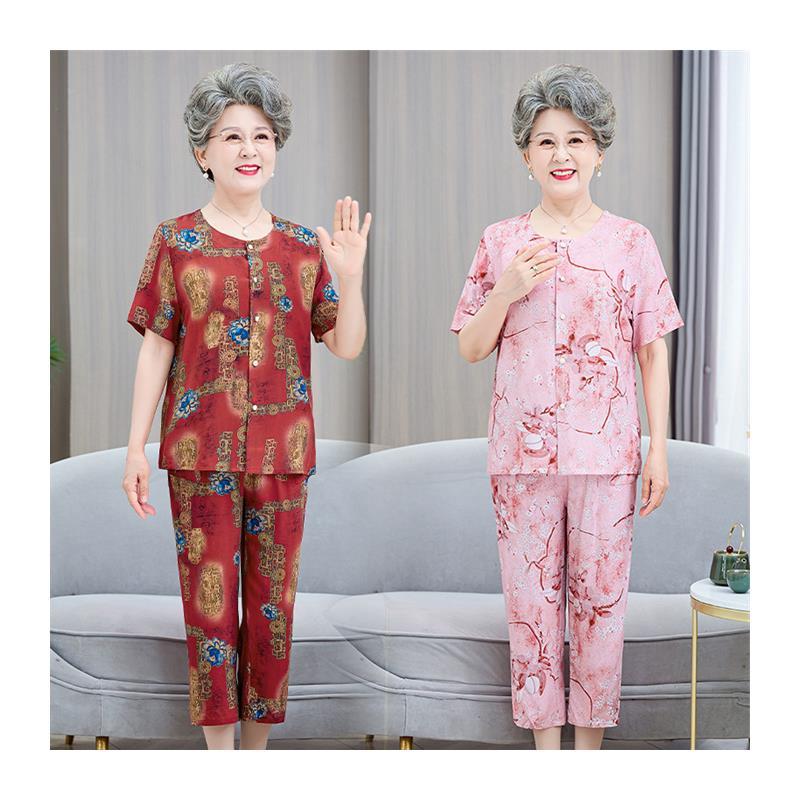棉绸上衣套装两件套夏装妈妈女奶奶开衫中老年人短袖洋气衣服衬衫